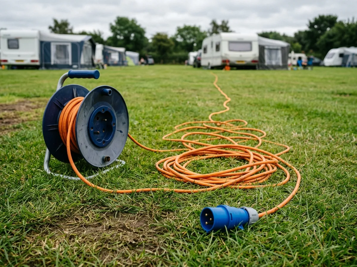Kabel zasilający do kampera CEE w całości rozwinięty z bębna na trawie, obok pusty bęben