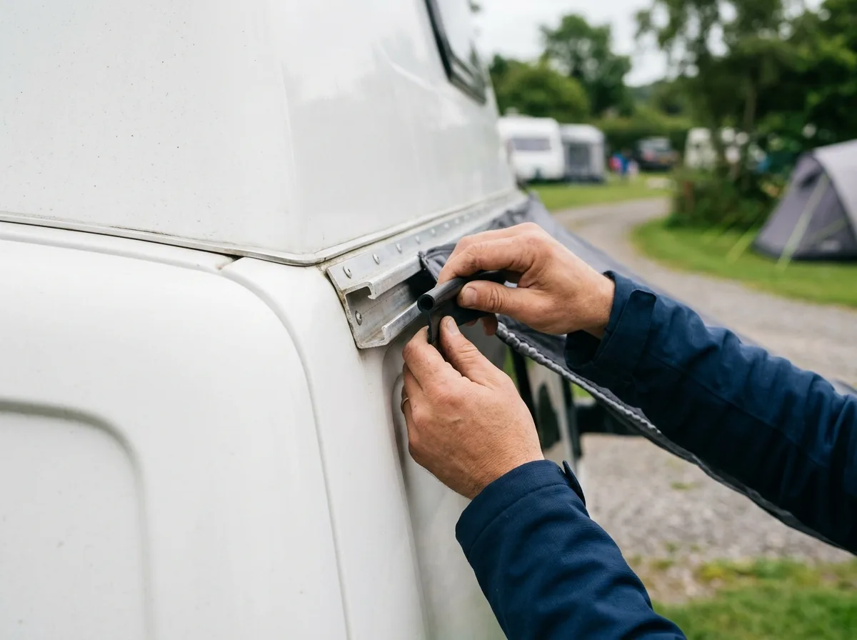 Wsuwanie kedra przedsionka do kampera w aluminiową szynę na ścianie vana